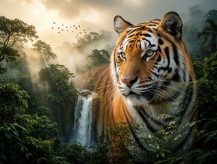 Obraz premium Majestic tiger gazes from rich jungle with waterfall background. Sunlight beams through mist illuminating trees and flying birds. Powerful predator in natural wild habitat.