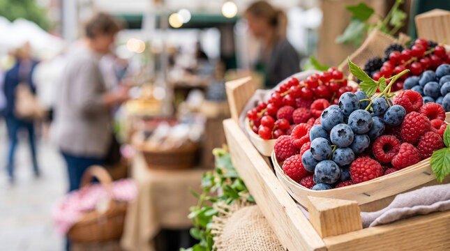 Close-up mixed berries display in wooden crates at an outdoor farmers market for organic food banner and product background