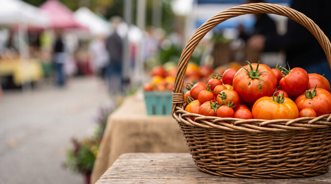 Basket of harvested tomatoes at a farmers market for seasonal food banner and grocery background