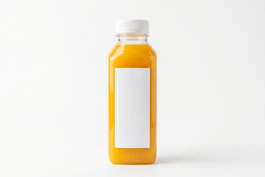 Clear bottle of orange juice with white label on white background for beverage packaging mockup and product presentation