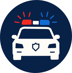 Front view of a white police car with flashing lights icon. Community safety. © 지아 임