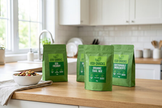 Green eco snack pouches on wooden kitchen counter for sustainable food packaging mockup and product presentation