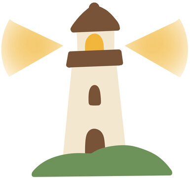 Simple lighthouse on a green hill icon with light beams. Safety and navigation concept.