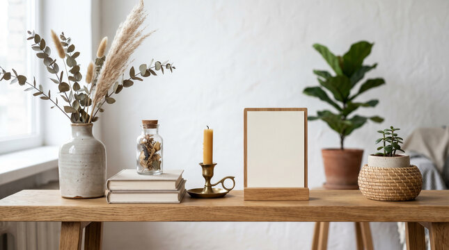 Minimal neutral home decor vignette with frame plants vase and candle on wooden console for interior styling background and poster