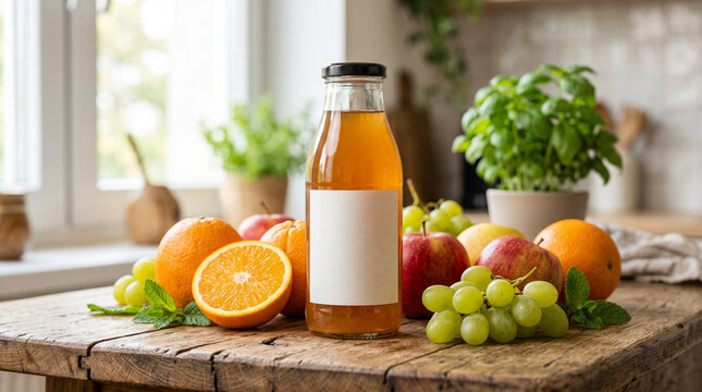 Natural fruit juice bottle mockup with blank label surrounded by oranges grapes and apples for beverage packaging design