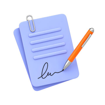 Blue clipboard with orange pen and signature icon on transparent background