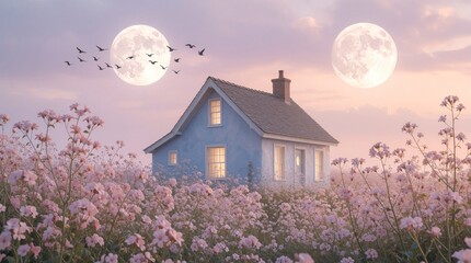 Obraz premium Small blue house stands in vast field of pink flowers. Two large moons shine in pastel sky. Birds fly across dreamy landscape. Surreal fantasy scene with soft colors, magical atmosphere in