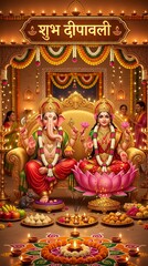 Obraz premium Divine Ganesha Lakshmi Diwali Celebration with Diyas