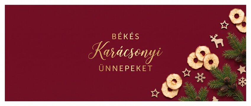 Hungarian Christmas Background Flat Lay with Dried Apples and Pine Branches featuring peaceful holiday greeting text Bekes Karacsonyi Unnepeket on red backdrop banner copy space for winter season