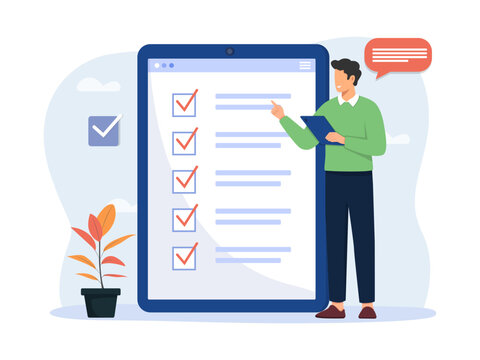 Man standing near giant tablet checking online checklist, concept vector illustration for task management, survey, completed mark, and project productivity. Check list with tick mark. 