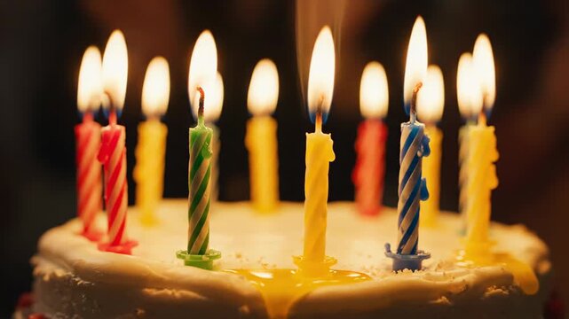 Birthday cake close-up with many colorful lit candles, warm glow illuminating festive dessert, vibrant flames and melting wax creating celebratory atmosphere, sweet frosting and decorative elements