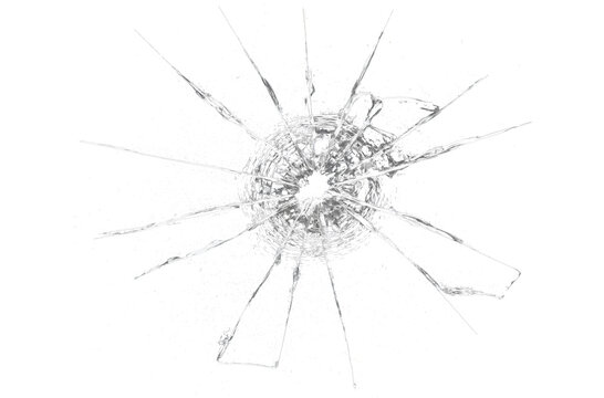 Realistic shattered glass overlay PNG with transparent background and radial impact cracks, ideal for broken screen effects, window damage and design composites.