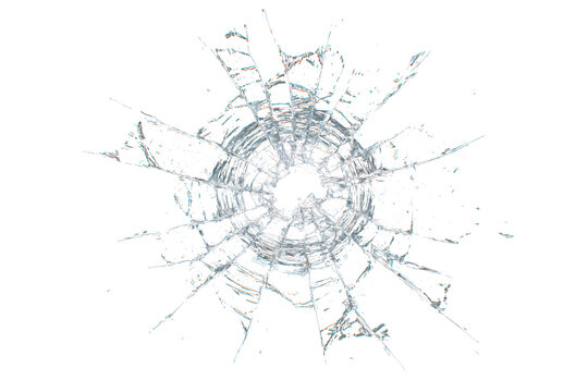 Realistic shattered glass overlay PNG with transparent background and radial impact cracks, ideal for broken screen effects, window damage and design composites.