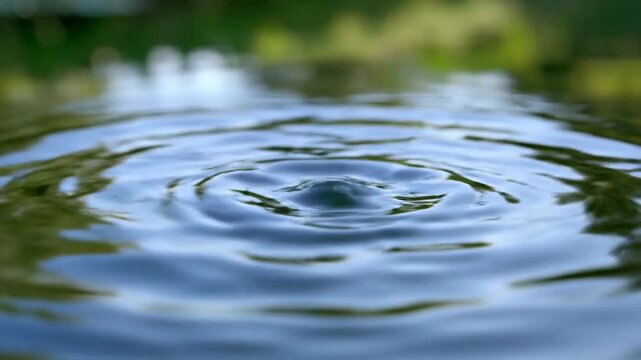 Multiple water drops fall into still water surface creating a splash and concentric ripples, reflections of green foliage on water, close up view of liquid motion