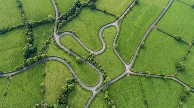 Aerial view of winding country roads through green farm fields