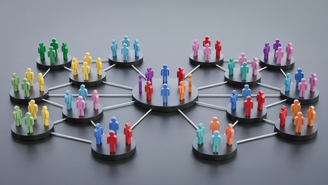 Connected network structure featuring colorful humanoid figurines on circular platforms representing diverse team collaboration concepts in professional corporate business environments.