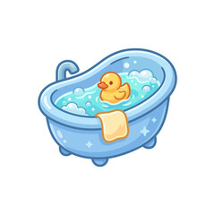 Naklejka premium Cute Cartoon Baby Bathtub with Yellow Rubber Duck and Bubbles Vector Illustration