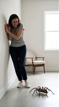Scared woman cowering against wall from giant spider on floor. Arachnophobia concept. Emotional reaction to insect phobia in house. Psychological distress and fear of wild animal.