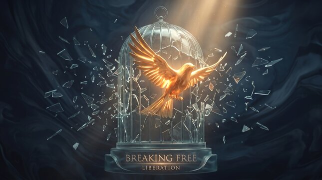 Golden bird breaking free from shattered glass cage in dramatic light