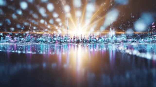 Digital city skyline with bright light rays reflecting on surface, showcasing futuristic technology and abstract data network, a vibrant metropolis of glowing structures and interconnected systems