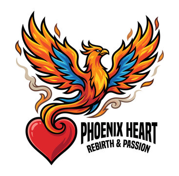 Stylized phoenix bird rising from a red heart symbolizing eternal love
