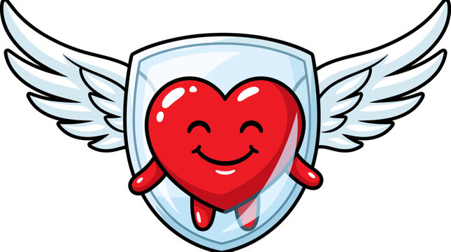 Cute cartoon red heart character with wings behind a protective shield