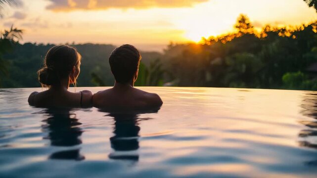 Sunset glows over tranquil infinity pool. Couple relaxes, silhouetted against warm horizon. Lush green trees frame distant landscape. Peaceful, intimate moment in tropical setting