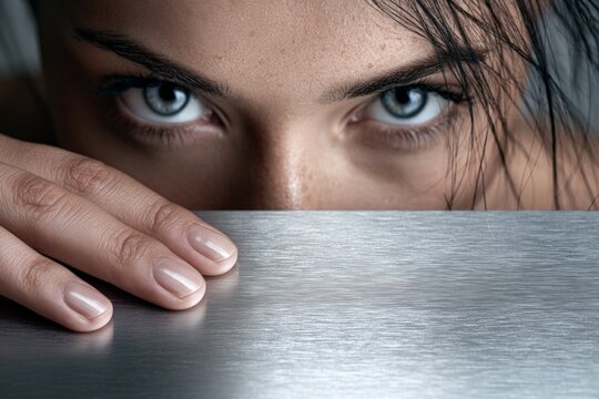 Close-up portrait of beautiful woman hand resting on brushed metal surface with glossy lips