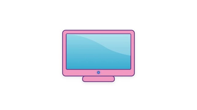 Pink computer monitor with blue screen on white background.