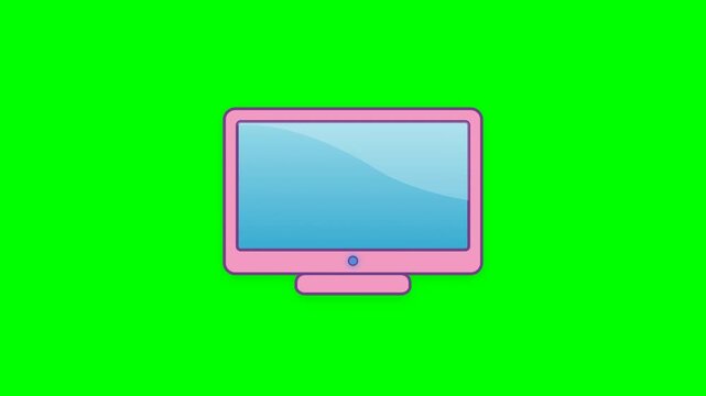 Pink computer monitor on a green screen background.