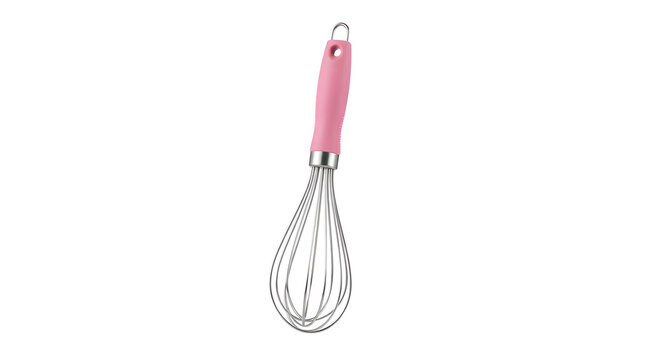 Pink balloon whisk isolated on white for kitchen baking and cooking tools