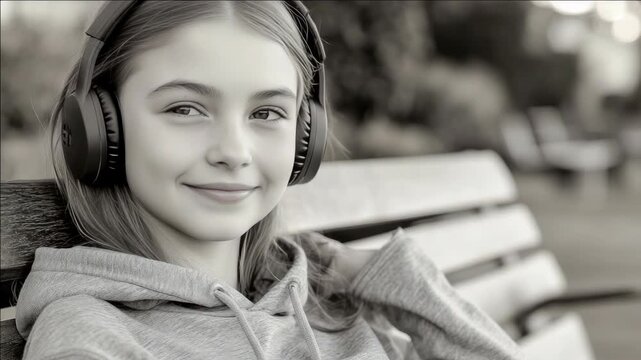 Young girl smiling with headphones, sitting on a bench outside.