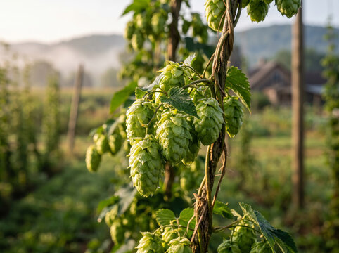 Green Hop Vine Cones Growing On Farm Trellis