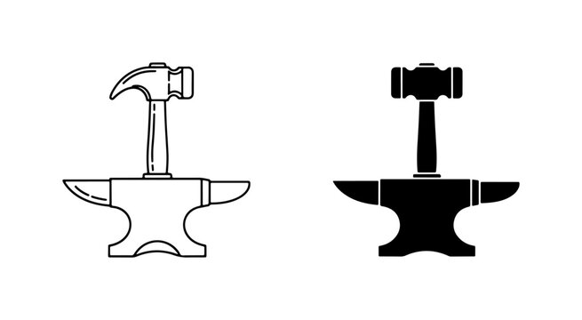 Blacksmith Anvil and Hammer Icons, Metalworking Tools, Forge Equipment, Craftsmanship Symbols