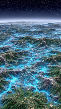Cyber grid landscape blockchain grid environment aerial view of mountain range with glowing blue rivers under starry night sky landscape