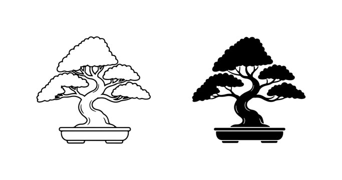 Bonsai Tree Vector Icons, Miniature Japanese Garden Plant Art, Zen Nature Symbol