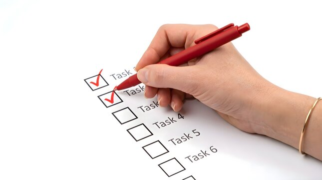 Woman hand marking checklist with red pen, task done.