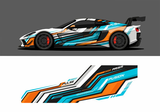 Futuristic sports car with vibrant geometric racing decals