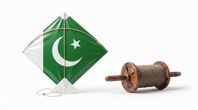 Pakistan flag kite with wooden string spool, traditional Basant festival equipment, green and white kite flying gear on white background