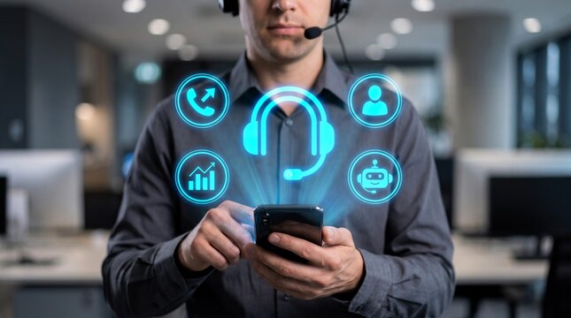 Dedicated customer support specialist wearing headset interacts with glowing blue digital interface icons floating above his modern mobile smartphone device
