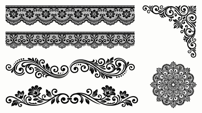 Detailed black lace ribbon borders, decorative floral corners, and lace mandala ornament for wedding invitation card trims, fabric patterns, and scrapbooking.