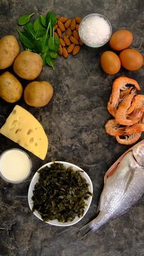 Foods that contain iodine. Selective focus.