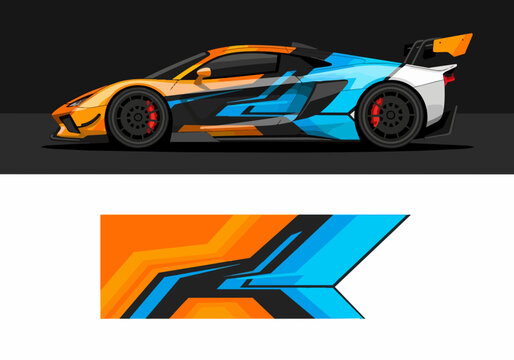 Futuristic sports car with geometric racing decals and bold colors