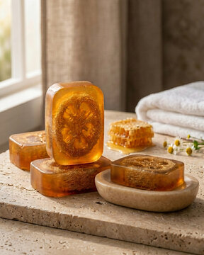 Handmade soap with honey and natural loofah on the bathroom counter.