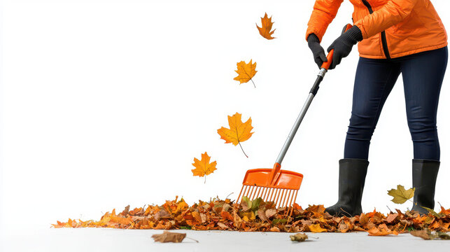 Autumn leaves are being raked by person wearing gloves and orange jacket, showcasing beauty of fall