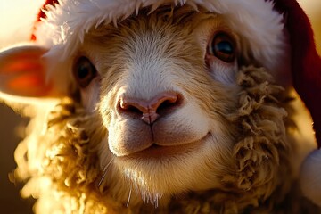 Obraz premium A Fluffy Little Lamb Wearing A Festive Santa Clauss Red Winter Wool Hat For The Christmas Season