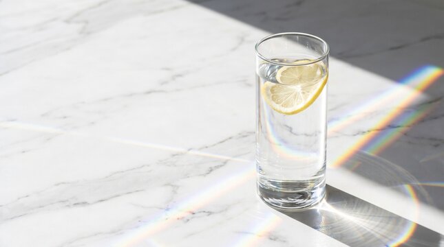 Refreshing glass of lemon water on white marble with beautiful rainbow prism light and sharp shadows. Aesthetic minimalist background with copy space for hydration and wellness concepts