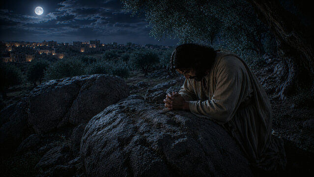 Jesus Prays Fervently In The Garden Of Gethsemane On The Night Before His Arrest And Crucifixion In A New Testament Story