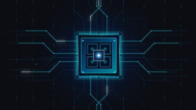Futuristic CPU Processor Chip Animation with Glowing Cyan Circuits, Binary Data Streams, and Energy Pulses Loop