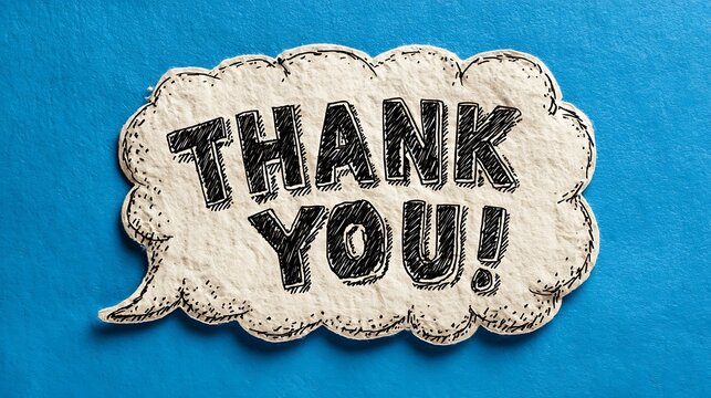 Hand Drawn Thank You Speech Bubble On Blue Paper Background comic cartoon